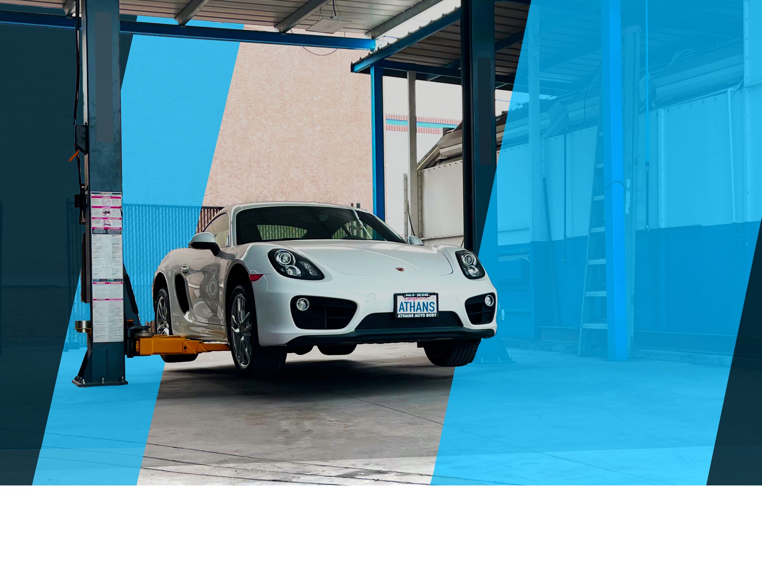 posrche on lift at athans auto body background slider